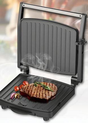 Электрический контактный гриль 2200w с рифлеными антипригарными пластинами серебристый для приготовления мяса и овощей