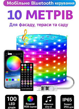 Вулична світлодіодна смарт гірлянда rgb на 10 м з керуванням через bluetooth та вологозахистом ip65