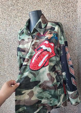 Тонкая женская рубашка на лето the rolling stones ♥️,  рубашка камуфляж