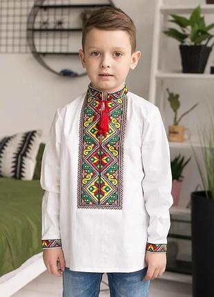Вышиванка для мальчика белая элит желто-зеленая бязь 110