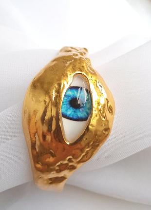 Золотой браслет премиум люкс «mystic eye» с глазом • сюрреализм • нержавеющая сталь • позолота 18k • дизайнерский браслет, подарок женщине