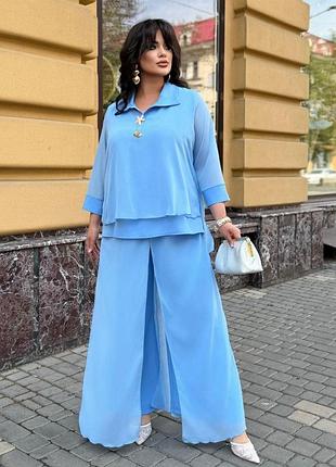 Женский костюм двойка батал с брюками-палаццо и шифоновой блузой