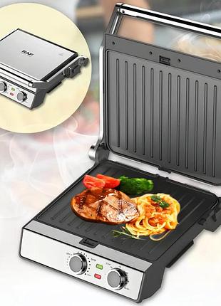 Электрический контактный гриль из нержавеющей стали с открыванием на 180 градусов 2200 вт / мощный прибор для приготовления мяса и