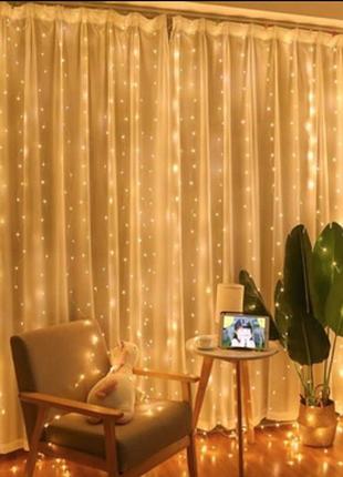 Світлодіодна новорічна гірлянда штора 3х2 метри 150 led від usb з пультом та 8 режимами тепле світло для декору