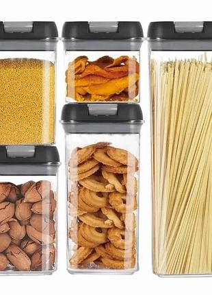 Набір прямокутних пластикових контейнерів для сипучих продуктів 5 предметів прозорі ємності різного об'єму з кришками для
