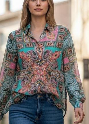 Zara напівпрозора сорочка рубашка блузочка блуза блузка з довгим рукавом восточном стиле східний орнамент л м-l 46-48 10-12 40 пейсли принт зара