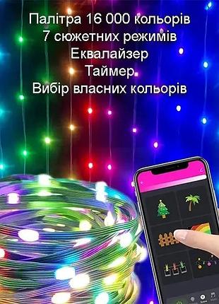 Новорічна led гірлянда крапля роси 10 м 100 світлодіодів ip65 прозорий дріт від usb з пультом / смарт підсвітка з bluetooth