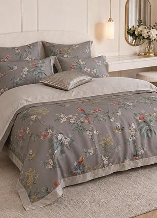 Летний комплект постельного белья kunmeng summer paradise birds grey с одеялом с охлаждающим эффектом, египетский хлопок