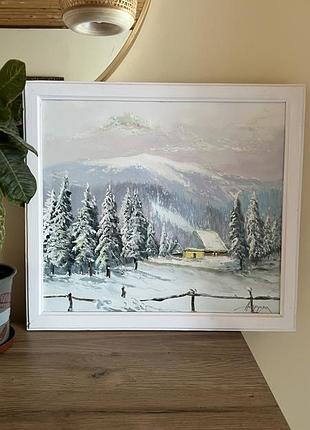Картина масло холст художник андрусяк пейзаж "зимний день. карпаты" горы украинская подарок