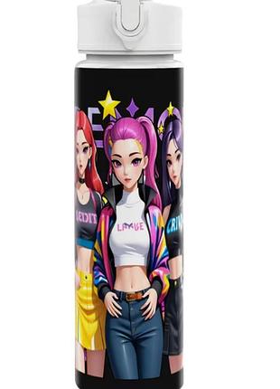 Дитяча пляшка для води з трубочкою кейпоп мисливиці на демонів kpop demon hunters 750 мл art5923