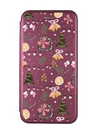 Чехол-книжка бордовый с рисунком на xiaomi redmi 10c новогодний фон (принт 425)