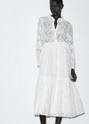Zara коттоновое платье миди из прошвы