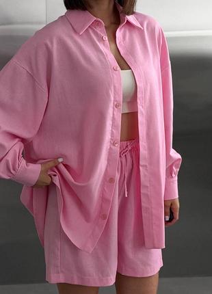 Стильний жіночий лляний костюм сорочка і шорти oversize молочний рожевий оранж