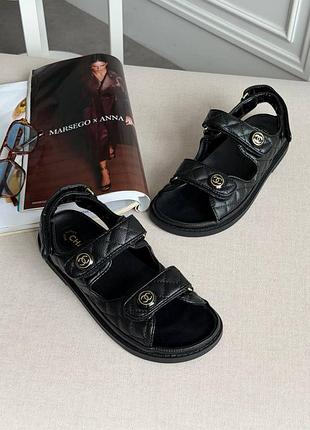 Шкіряні жіночі сандалі ch@ n€l sandals black  leather lux