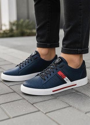 Чоловічі кросівки кеди літні натуральна шкіра перфорована hilfiger т-5 синій