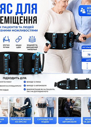 Пояс для перемещения лежачих пациентов 23 ручки | медицинский трансферный пояс по уходу | 78–130 см
