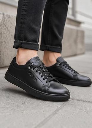 Чоловічі кеди чорні базові натуральна шкіра, шкіряні кеди hilfiger к-10