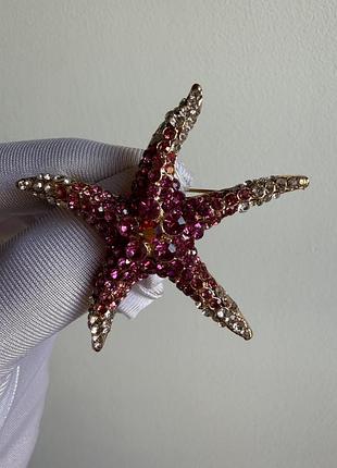 Металева брошка «морська зірка» – рожева брошка зі стразами та кристалами