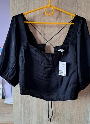 Чорний сатиновий кроп топ на зав'язках h&m розмір м віскоза 100% є моменти