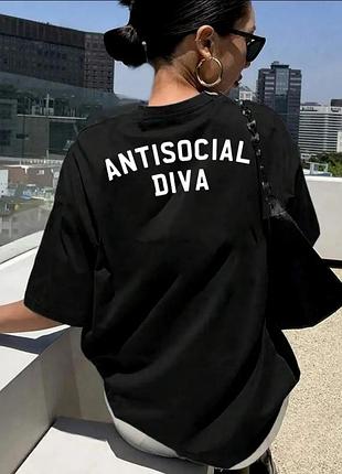 Футболка оверсайз черная antisocial diva с принтом
