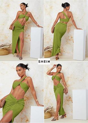 Комплект shein bae: кроп топ на одно плечо и юбка с разрезом на бедре