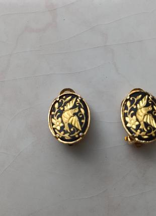 Продам клипсы в стиле дамаскин, изображение птиц и цветов, винтаж, позолота