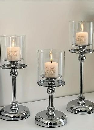 Комплект подсвечников lesko 0019 silver металлические высокие 3 предмета со стеклянными колбами 5шт