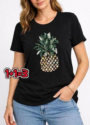 🎁1+1=3 стильная черная футболка с вышитым ананасом пайетки + бисер oasis, размер 44 - 46