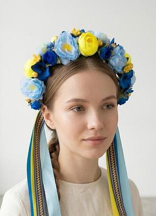 Український віночок зі стрічками, зйомними, синьо-жовто-блакитний