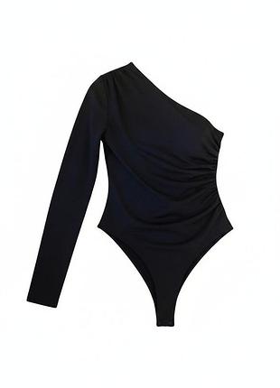 Боди zara черное на одно плечо с драпировкой, l