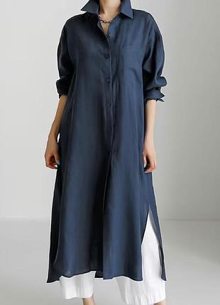 Черное льняное платье-рубашка h&amp;m