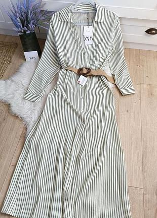 Полосатое платье-рубашка с ремнем от zara, размер s, l