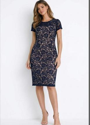 Нарядное платье женское из кружева синего цвета коротким рукавом dorothy perkins