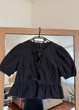 Stradivarius чорний бавовняний топ з бантиками | 100% cotton | peplum | m у стилі ganni