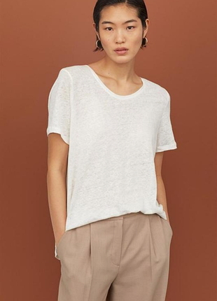 Белая льняная футболка с круглым вырезом от h&amp;m