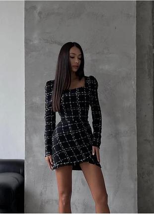 Твідова сукня плаття твід в клітинку чорна zara