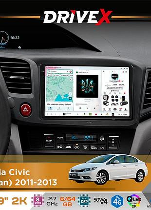Штатна магнітола для honda civic (sedan) 2011-2013 drivex s7 2k qled 9" android 8-ядерний 2.7ггц 6x64гб sim-картка 3g/4g ak7808 ab