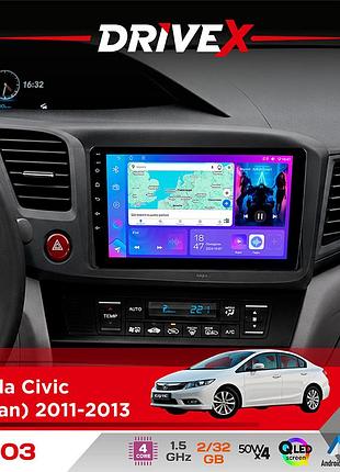Штатная магнитола для honda civic (sedan) 2011-2013 drivex a-903 qled 9" android 4-ядерный 2+32гб 4x50w(tda7851) беспроводной