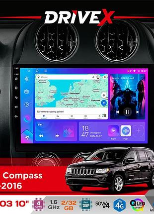 Штатна магнітола для jeep compass 2011-2016 drivex a-1003 qled 10" android 2+32гб 4-ядерний 4x50w(tda7851) бездротовий carplay та