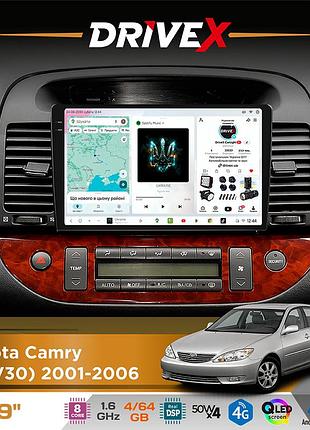 Штатная магнитола для toyota camry (acv30) 2001-2006 drivex s4 qled 9" android 8-ядерный 1.6ггц 4x64гб sim-карта 3g/4g tda7851