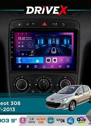 Штатна магнітола для peugeot 308 2007-2013 drivex se-903 qled 9" android 8-ядерний 4+64гб sim-картка 3g/4g dsp 4x50w(tda7851)