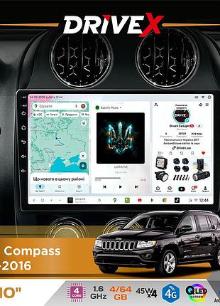 Штатна магнітола для jeep compass 2011-2016 drivex s3 qled 10" android 8-ядерний 1.6ггц 4x64гб sim-картка 3g/4g 7388 4x45w asp
