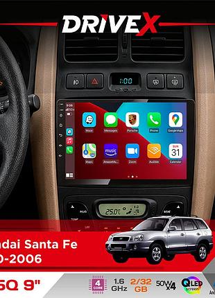 Штатная магнитола для hyundai santa fe 2000-2006 drivex un5 qled 9" android 4-ядерный 2+32гб 4x45w беспроводной carplay и