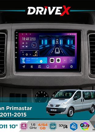 Штатная магнитола для nissan primastar (j4) 2011-2015 drivex se-1011 qled 10" android 4-ядерный 4+64гб dsp 4x50w(tda7851)