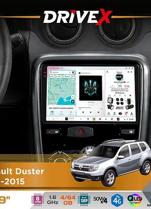 Штатна магнітола для renault duster 2010-2015 drivex s4 qled 9" android 8-ядерний 1.6ггц 4x64гб sim-картка 3g/4g tda7851 4x50w dsp