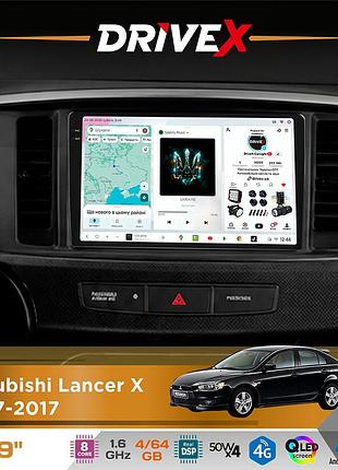 Штатная магнитола для mitsubishi lancer x 2007-2017 drivex s4 qled 9" android 8-ядерный 1.6ггц 4x64гб sim-карта 3g/4g tda7851