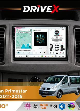 Штатна магнітола для nissan primastar (j4) 2011-2015 drivex s3 qled 10" android 8-ядерний 1.6ггц 4x64гб sim-картка 3g/4g 7388