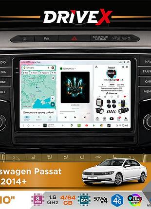 Штатна магнітола для volkswagen passat (b8) 2014+ drivex s4 qled 10" android 8-ядерний 1.6ггц 4x64гб sim-картка 3g/4g tda7851