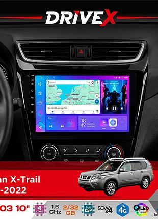Штатная магнитола для nissan x-trail 2014-2022 drivex a-1003 qled 10" android 2+32гб 4-ядерный 4x50w(tda7851) беспроводной carplay