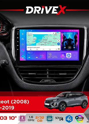 Штатная магнитола для peugeot 2008 2013-2019 drivex a-1003 qled 10" android 2+32гб 4-ядерный 4x50w(tda7851) беспроводной carplay и